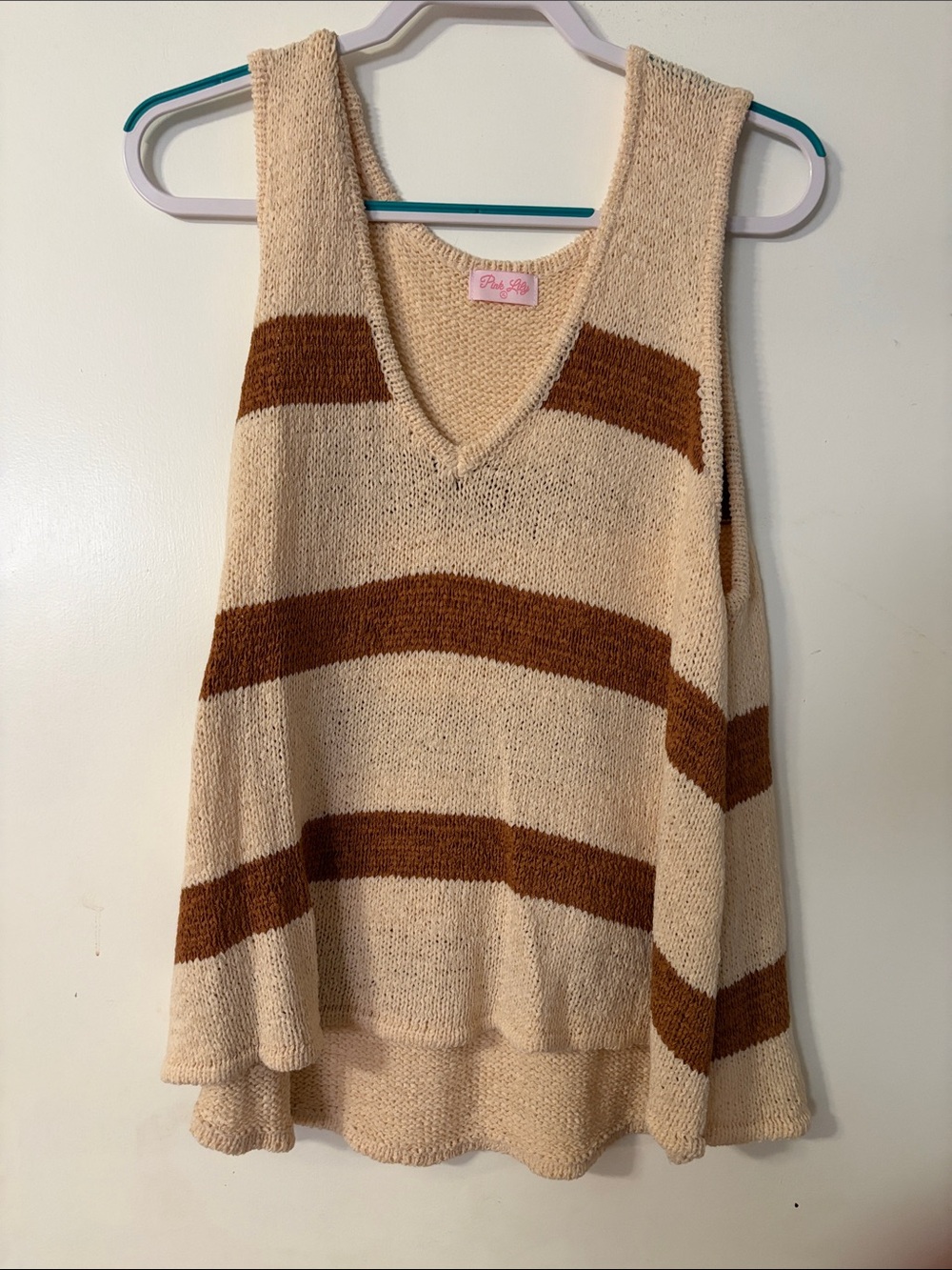 Pink Lily Cream and Brown Knit V-Neck Sweater Tank Top